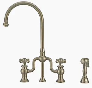 Whitehaus Kitchen Faucet; Gooseneck Swivel Spout, Cross Handles, Brass Side Spray; Brushed Nickel