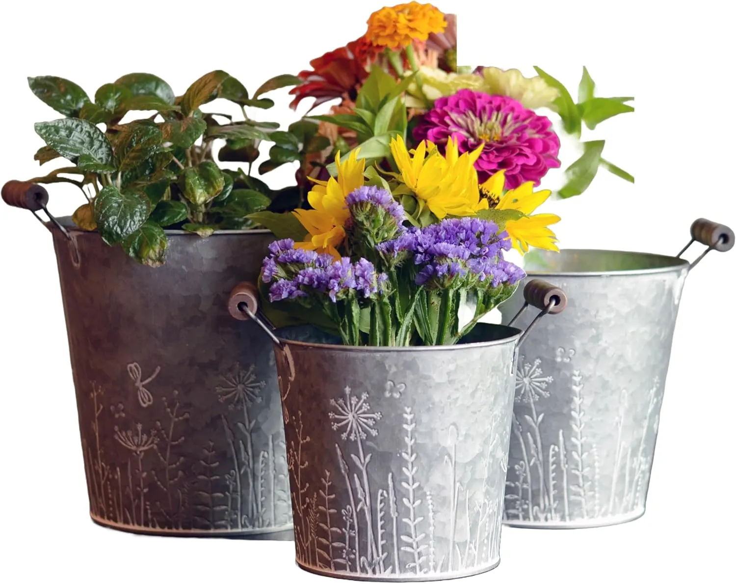 WHW Whole House Worlds Cache Pot Planters, Set of 3, Round, Meadow Flower, Grey Zinc, Rustic White Patina, Handles, 8.75 Inches