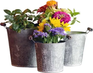WHW Whole House Worlds Cache Pot Planters, Set of 3, Round, Meadow Flower, Grey Zinc, Rustic White Patina, Handles, 8.75 Inches