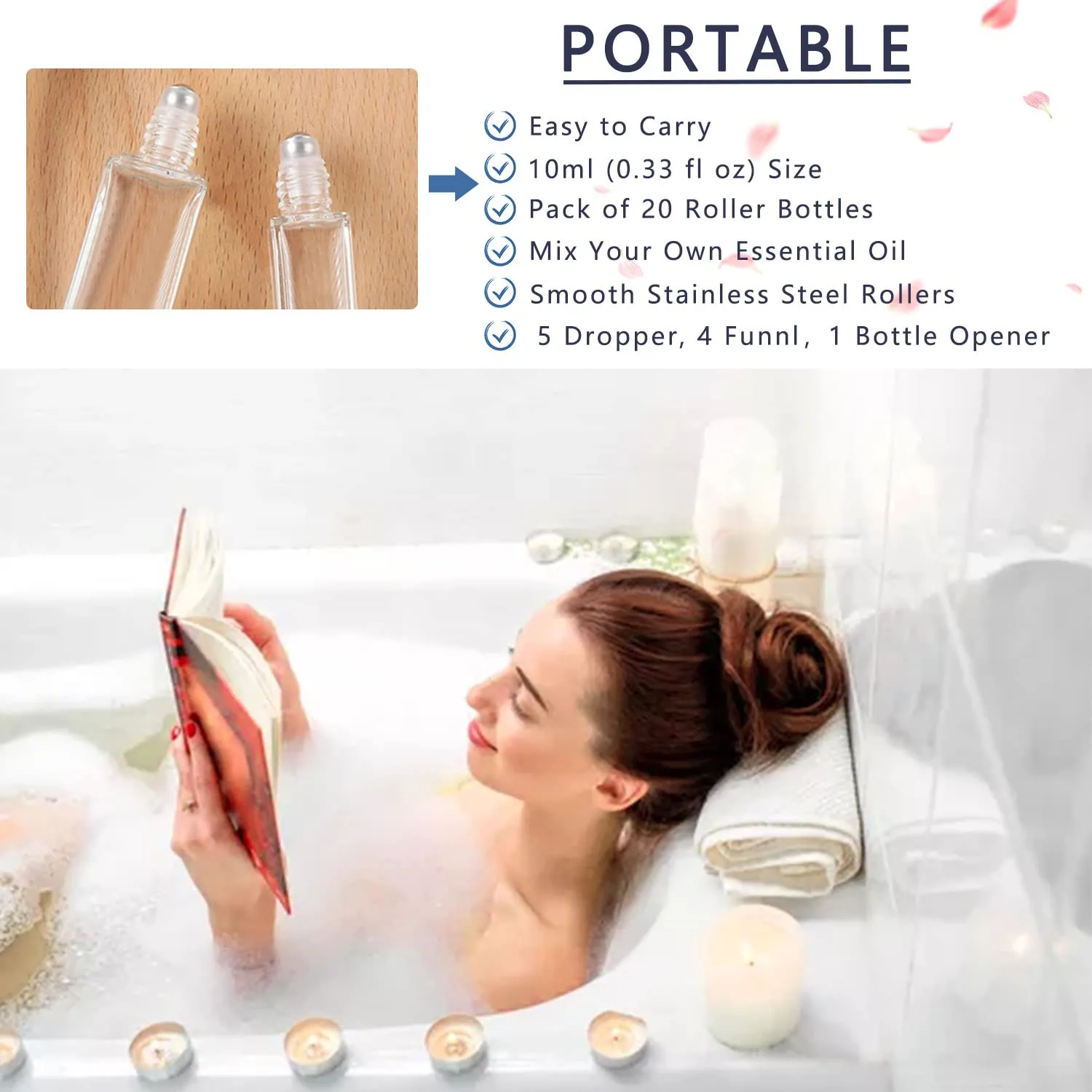 wifreo 20Pcs 10ml Glass Roll On Bottle for Essential Oils, Eco-friendly Refillable Clear Perfume Sample Bottles with Stainless Steel Roller Ball - Portable & Practical