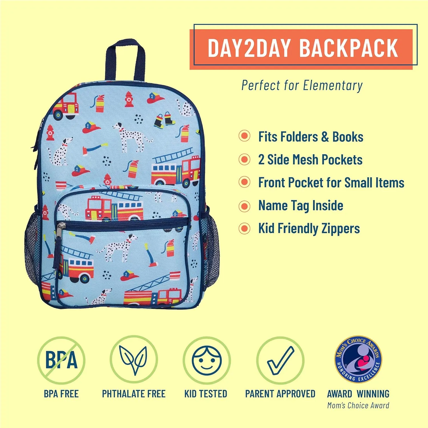 Wildkin Day2Day Kids Backpack – School & Travel Bag with Side Mesh Pocket - Firefighters