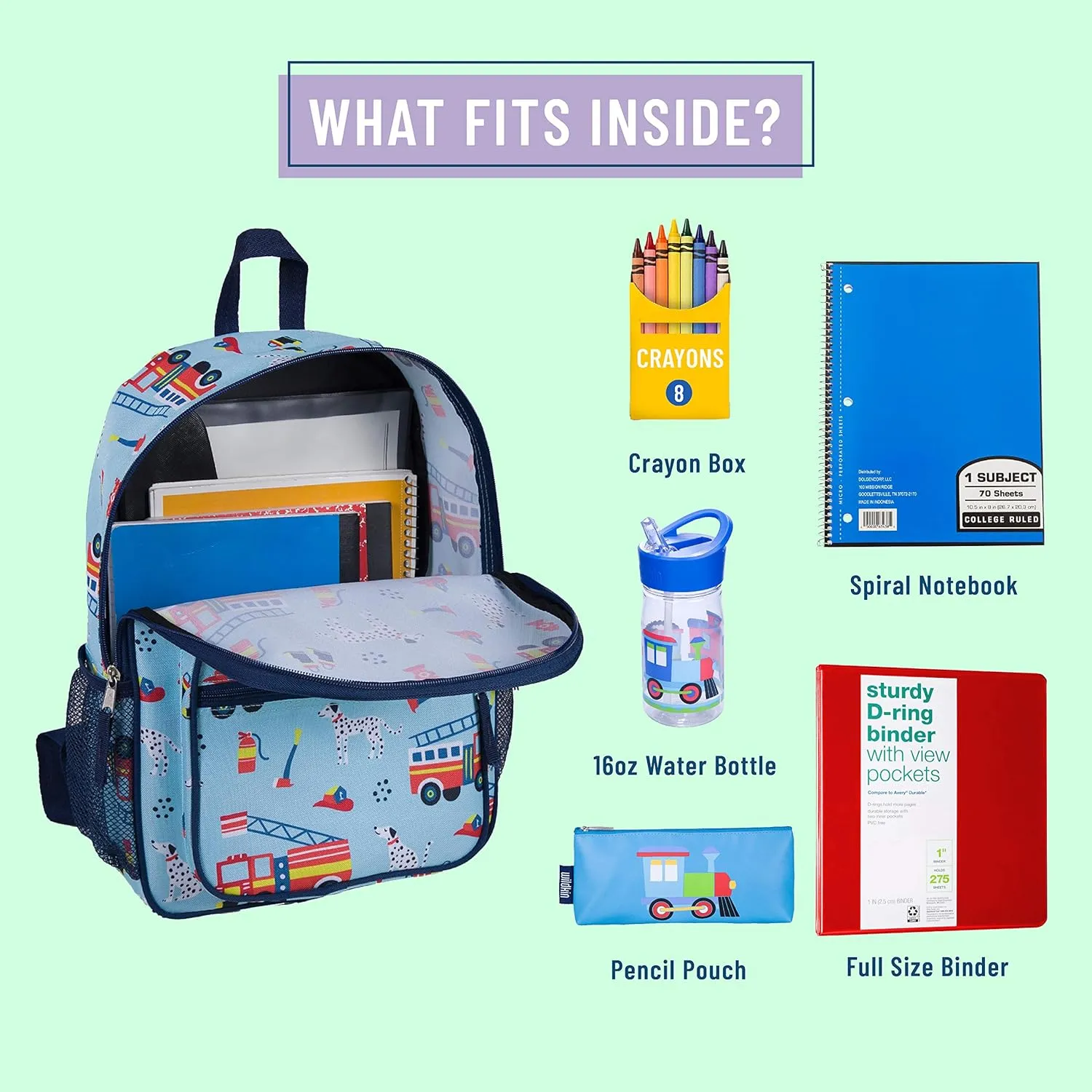 Wildkin Day2Day Kids Backpack – School & Travel Bag with Side Mesh Pocket - Firefighters