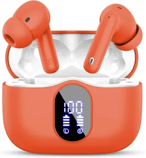 Wireless Earbuds, Bluetooth 5.4 Headphones Bass Stereo, Ear Buds with Noise Cancelling Mic LED Display, IP7 Waterproof in Ear Earphones, 36H Playtime for Laptop Pad Phones Sports Workout, Orange(2025)