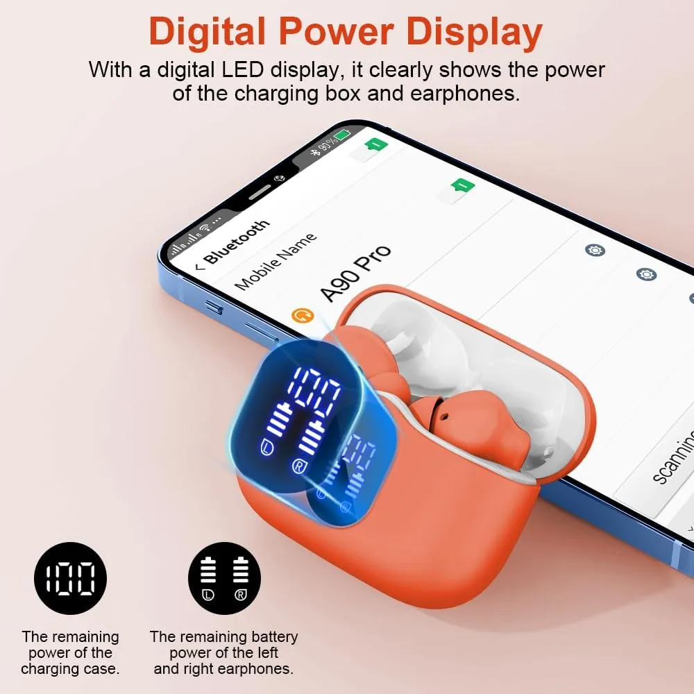 Wireless Earbuds, Bluetooth 5.4 Headphones Bass Stereo, Ear Buds with Noise Cancelling Mic LED Display, IP7 Waterproof in Ear Earphones, 36H Playtime for Laptop Pad Phones Sports Workout, Orange(2025)