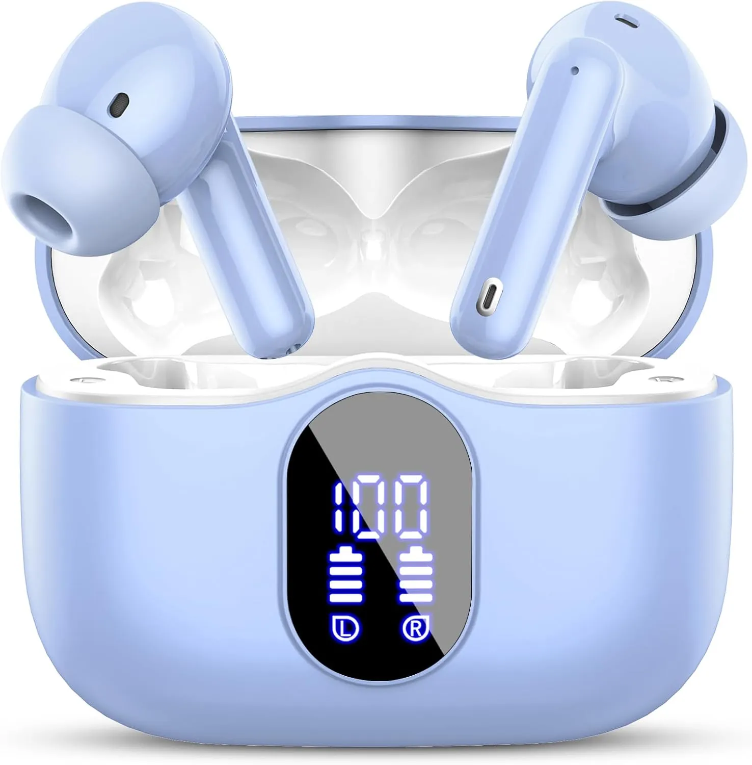 Wireless Earbuds, Bluetooth 5.4 Headphones Bass with Noise Cancelling Mic, Stereo Ear Buds, in Ear Earphones LED Display, IP7 Waterproof, 36H Playtime for Laptop Phones Sports Workout, Sky Blue