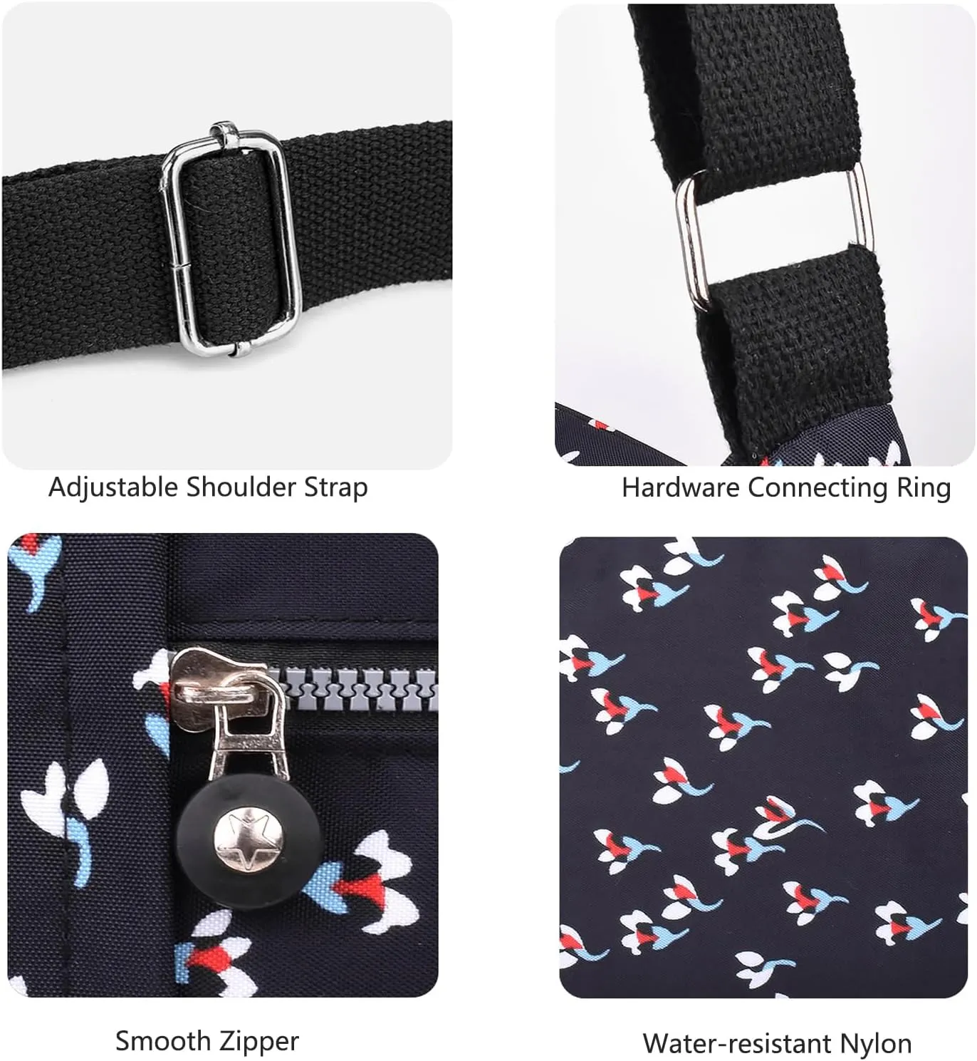 WITERY Nylon Shoulder Bags for Women - Multi-Pocket Zipper Waterproof Travel Purse Casual Small Lightweight Messenger Bag