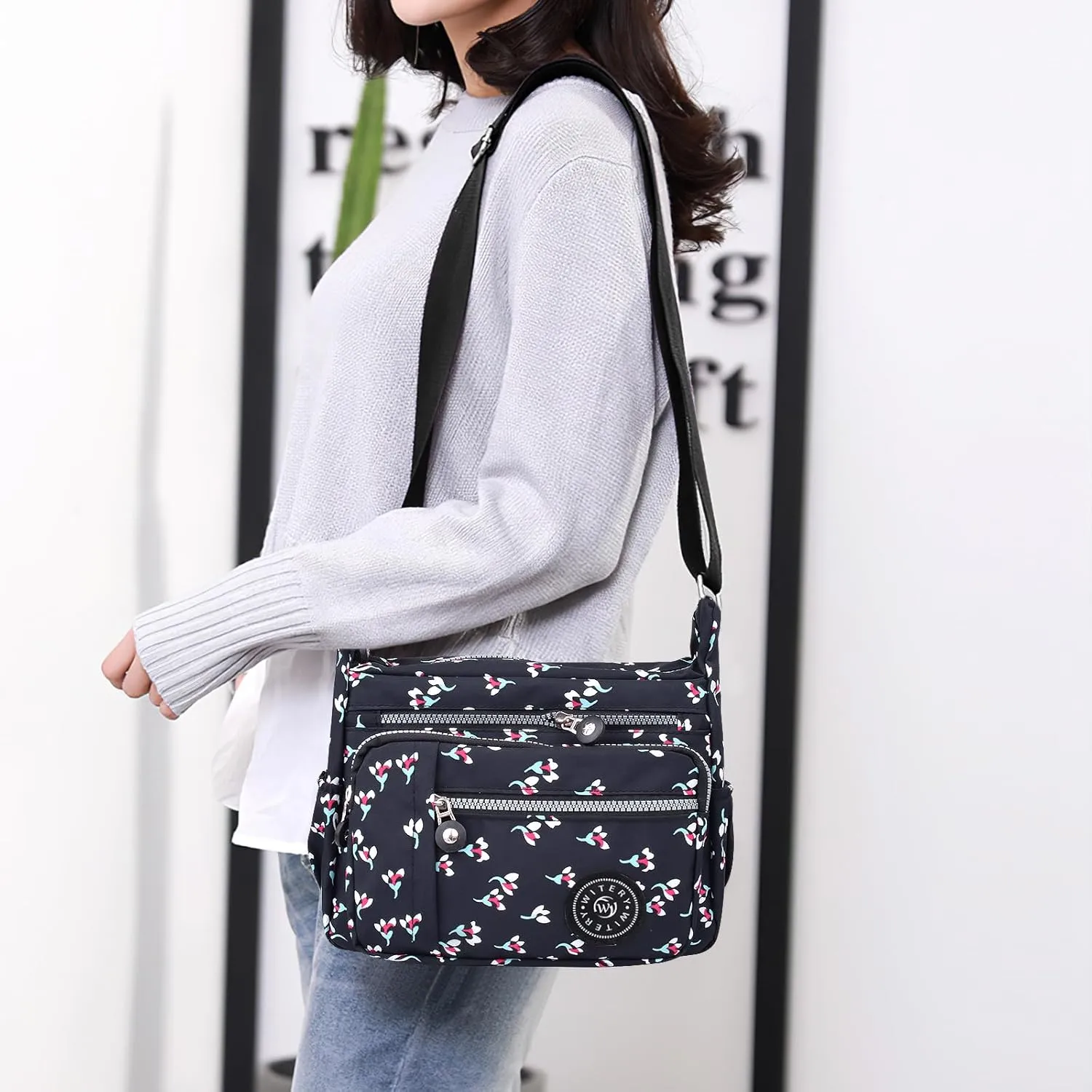WITERY Nylon Shoulder Bags for Women - Multi-Pocket Zipper Waterproof Travel Purse Casual Small Lightweight Messenger Bag