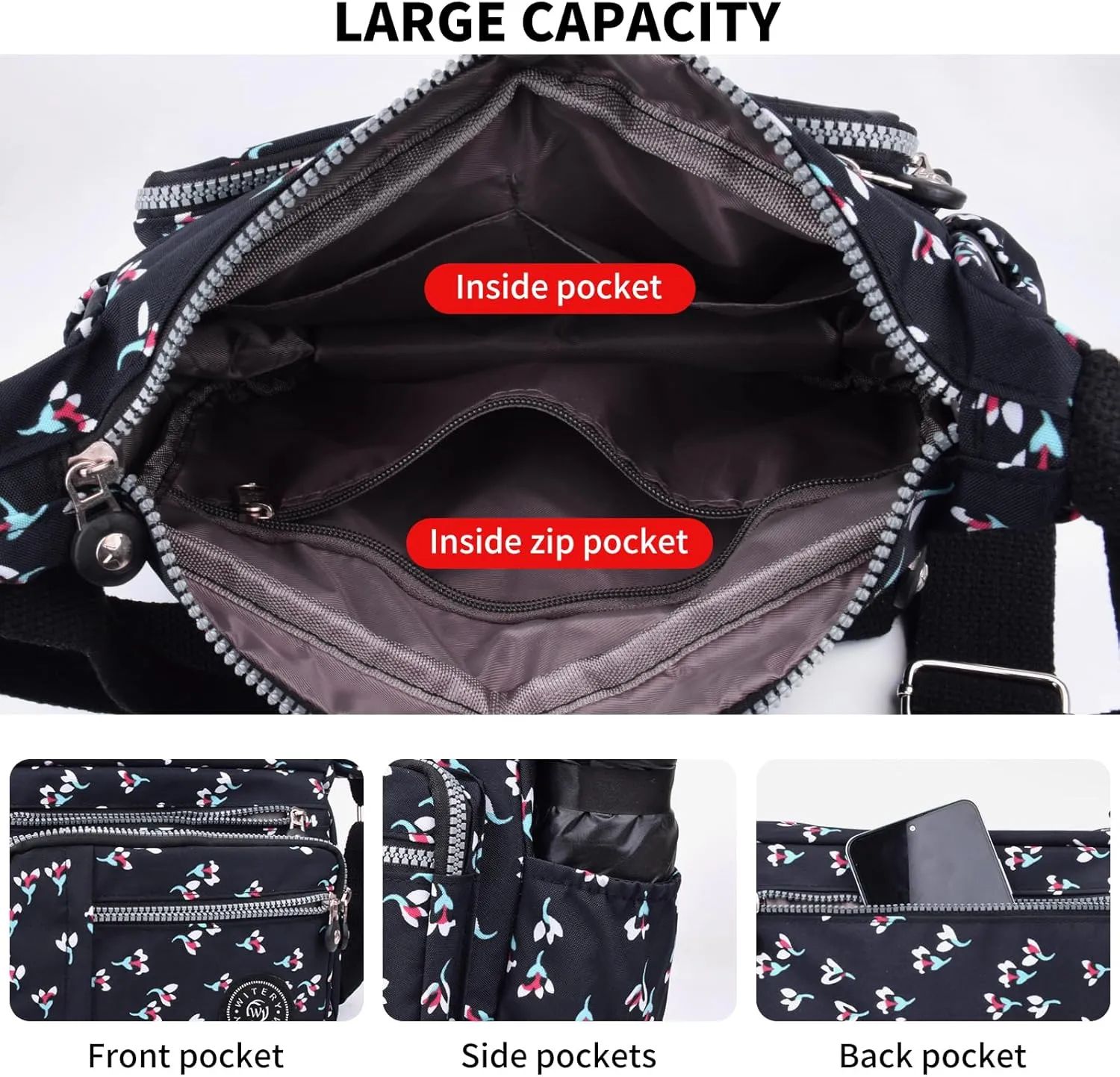 WITERY Nylon Shoulder Bags for Women - Multi-Pocket Zipper Waterproof Travel Purse Casual Small Lightweight Messenger Bag