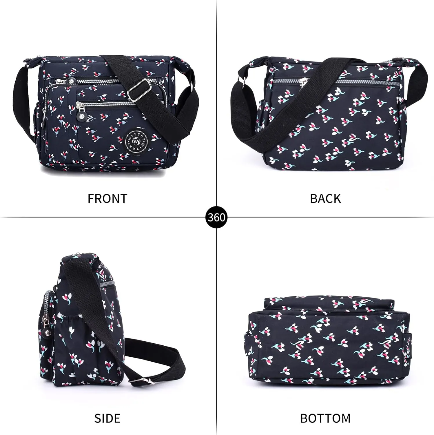 WITERY Nylon Shoulder Bags for Women - Multi-Pocket Zipper Waterproof Travel Purse Casual Small Lightweight Messenger Bag