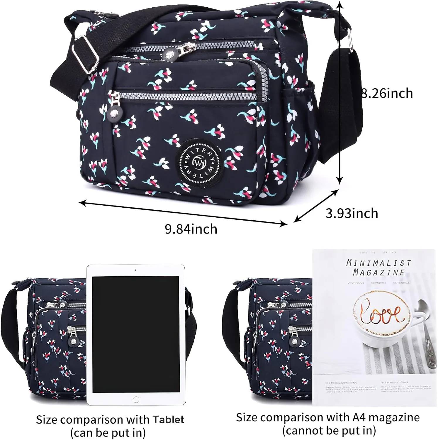 WITERY Nylon Shoulder Bags for Women - Multi-Pocket Zipper Waterproof Travel Purse Casual Small Lightweight Messenger Bag