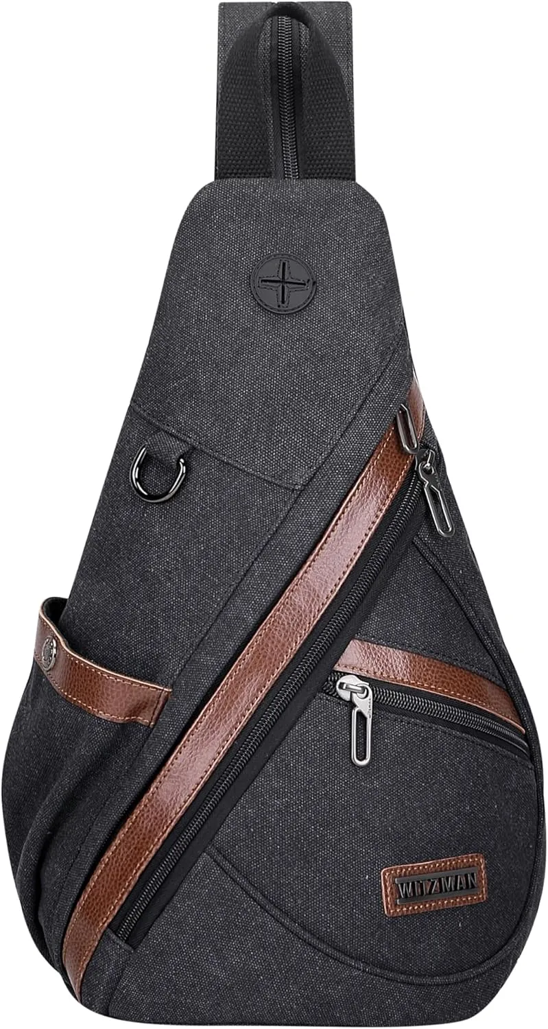 WITZMAN Canvas Sling Bag for Men Women Convertible Sling Backpack Crossbody Vintage Chest Bag Travel Casual Daypack（A8003 Classic Black）