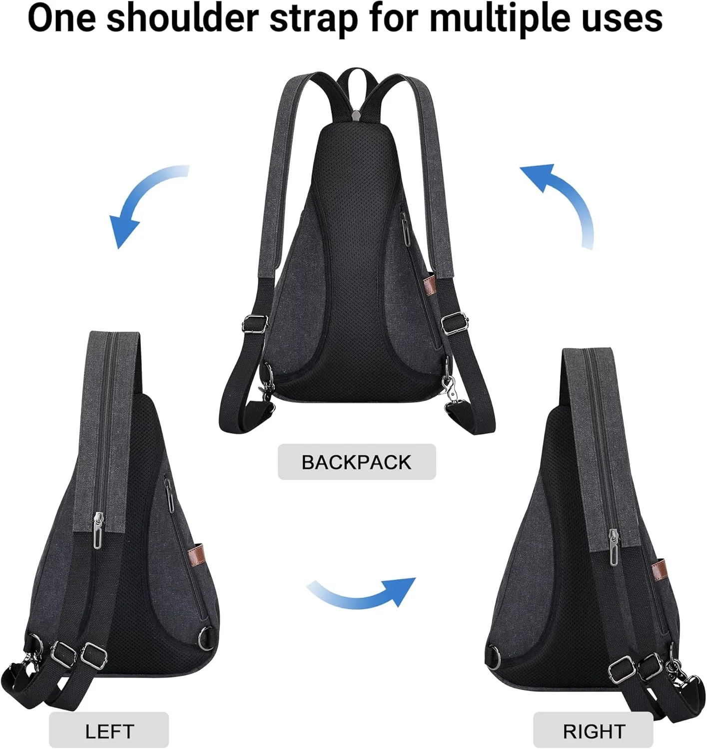 WITZMAN Canvas Sling Bag for Men Women Convertible Sling Backpack Crossbody Vintage Chest Bag Travel Casual Daypack（A8003 Classic Black）