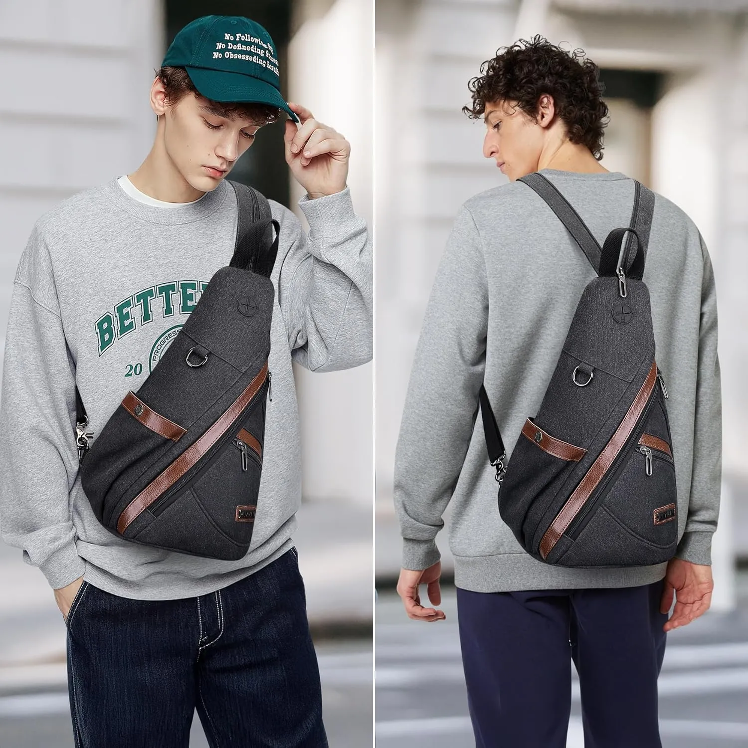 WITZMAN Canvas Sling Bag for Men Women Convertible Sling Backpack Crossbody Vintage Chest Bag Travel Casual Daypack（A8003 Classic Black）