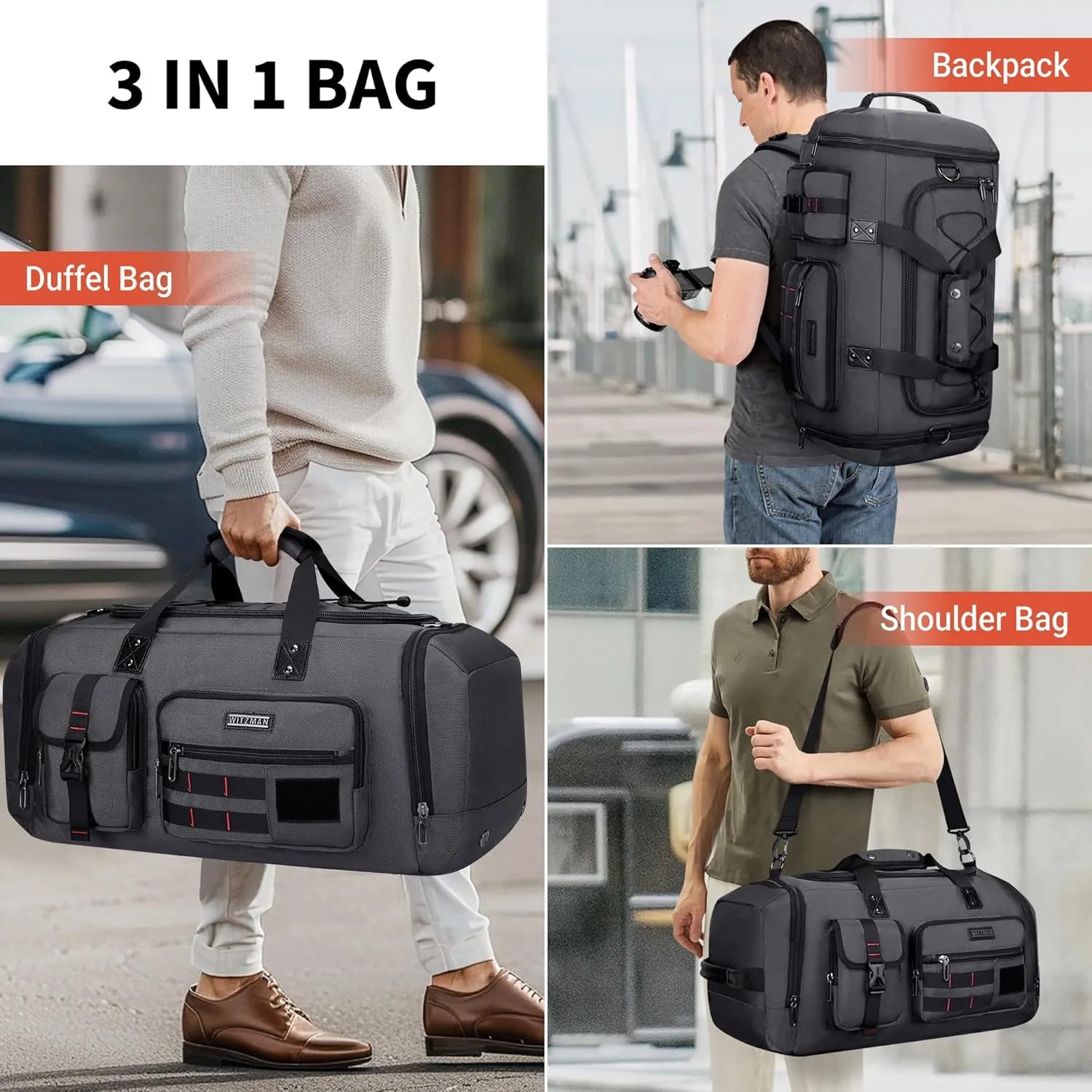 WITZMAN Travel Duffel Bags for Men Large Carry On Weekender Overnight Bag 3 in 1 Backpack with Shoe Compartment （B693 Silvery Grey)