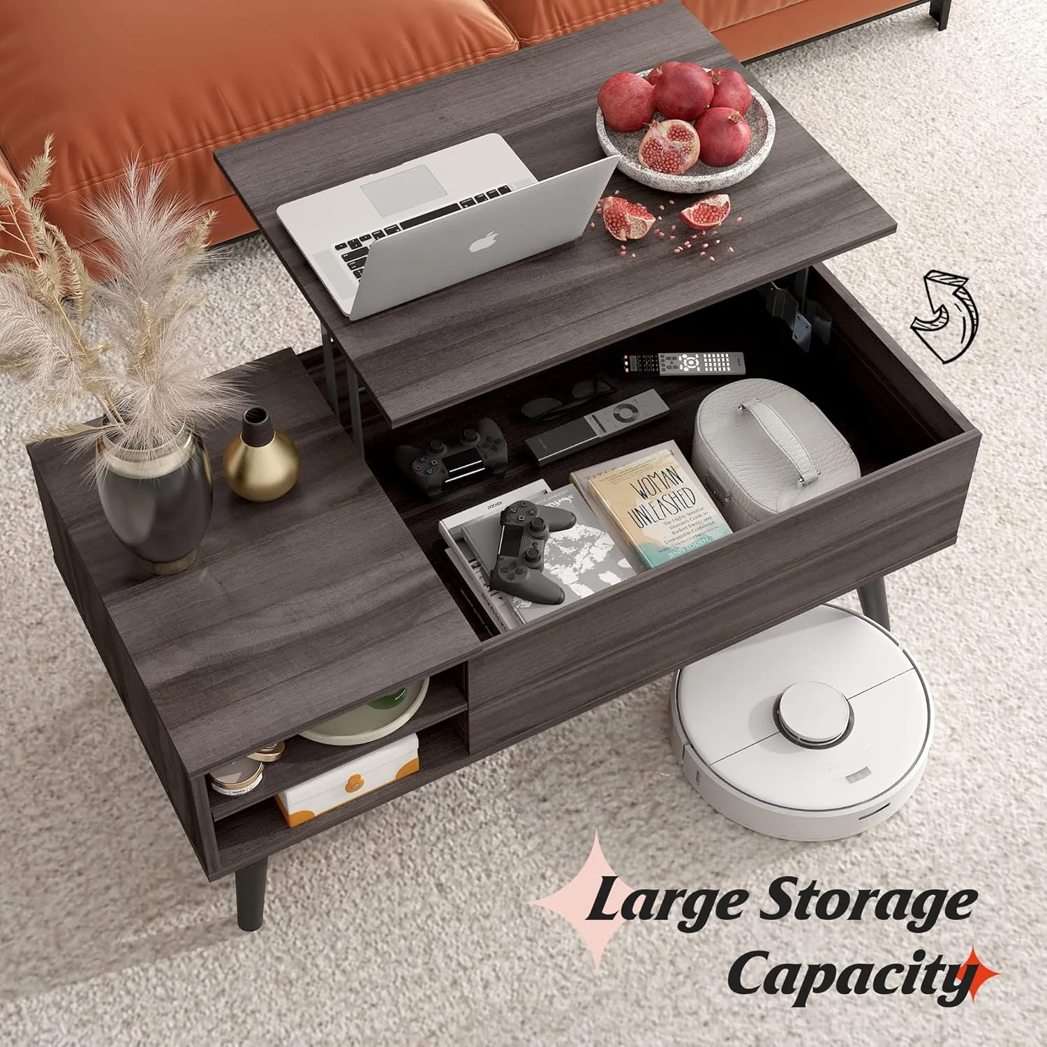 WLIVE Lift Top Coffee Table with Storage for Living Room,Small Hidden Compartment and Adjustable Shelf,Mid Century, Modern ,Wood,Grey