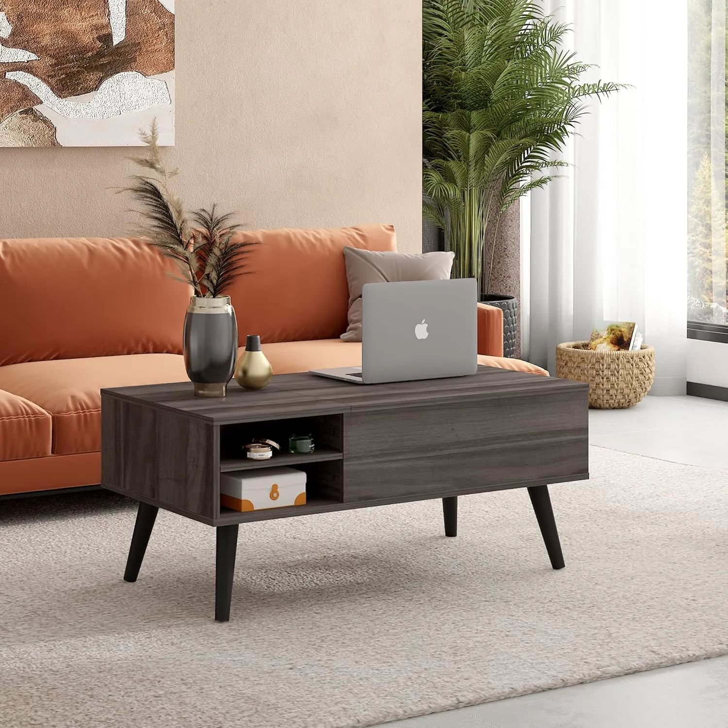 WLIVE Lift Top Coffee Table with Storage for Living Room,Small Hidden Compartment and Adjustable Shelf,Mid Century, Modern ,Wood,Grey