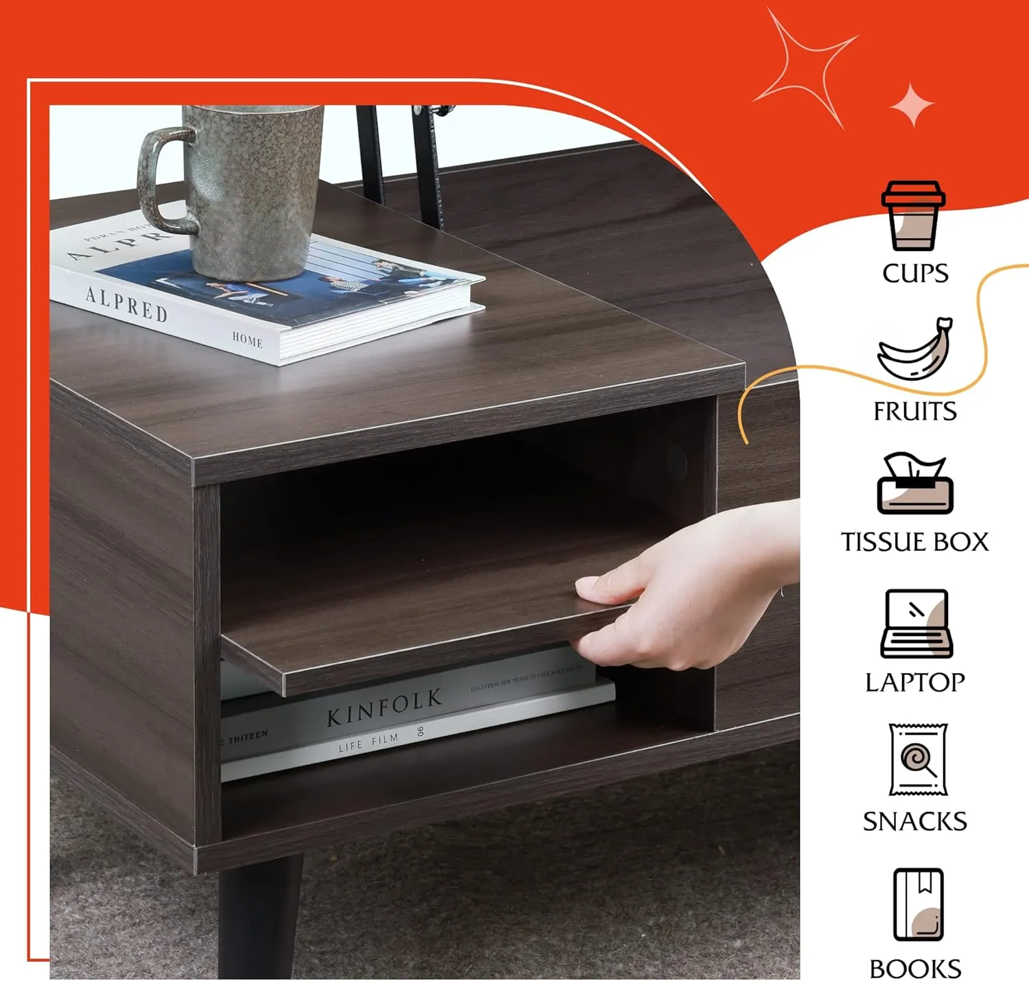 WLIVE Lift Top Coffee Table with Storage for Living Room,Small Hidden Compartment and Adjustable Shelf,Mid Century, Modern ,Wood,Grey