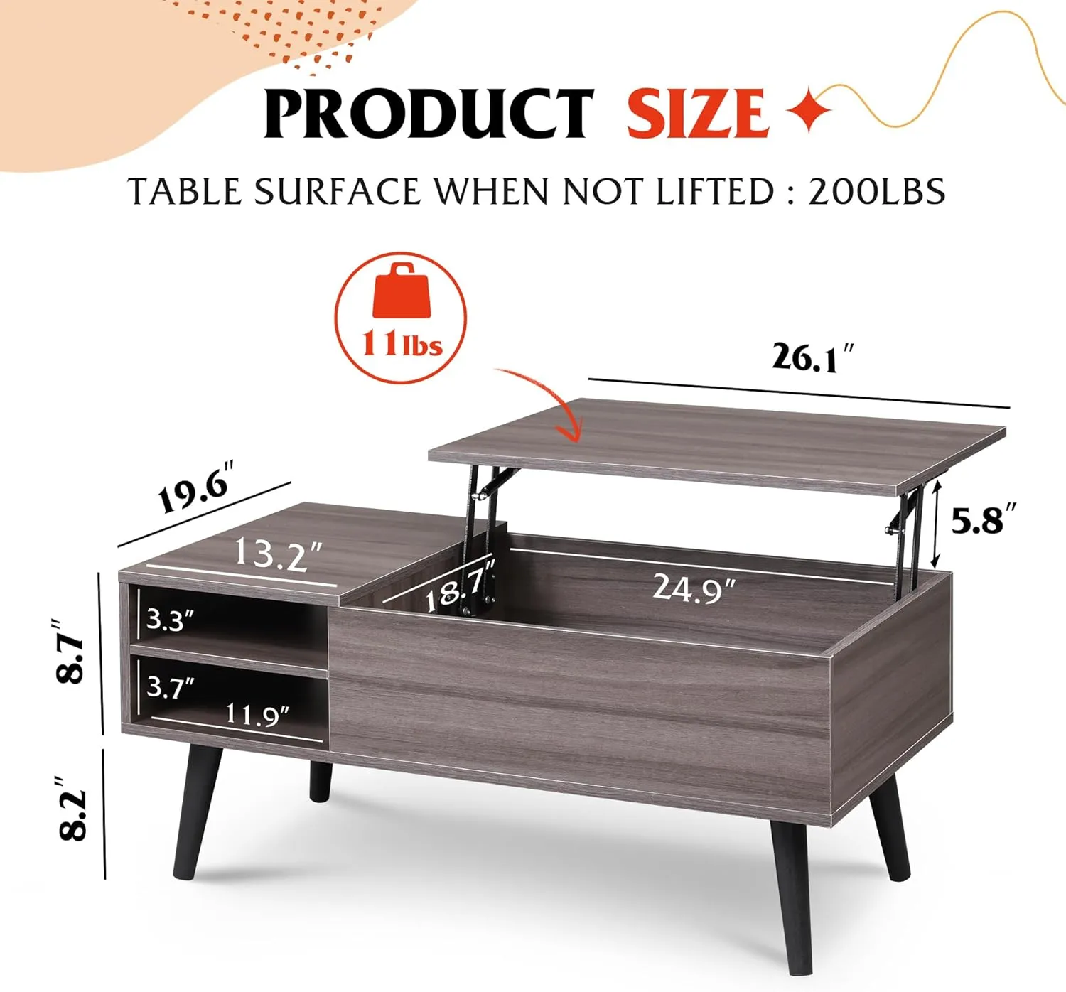 WLIVE Lift Top Coffee Table with Storage for Living Room,Small Hidden Compartment and Adjustable Shelf,Mid Century, Modern ,Wood,Grey