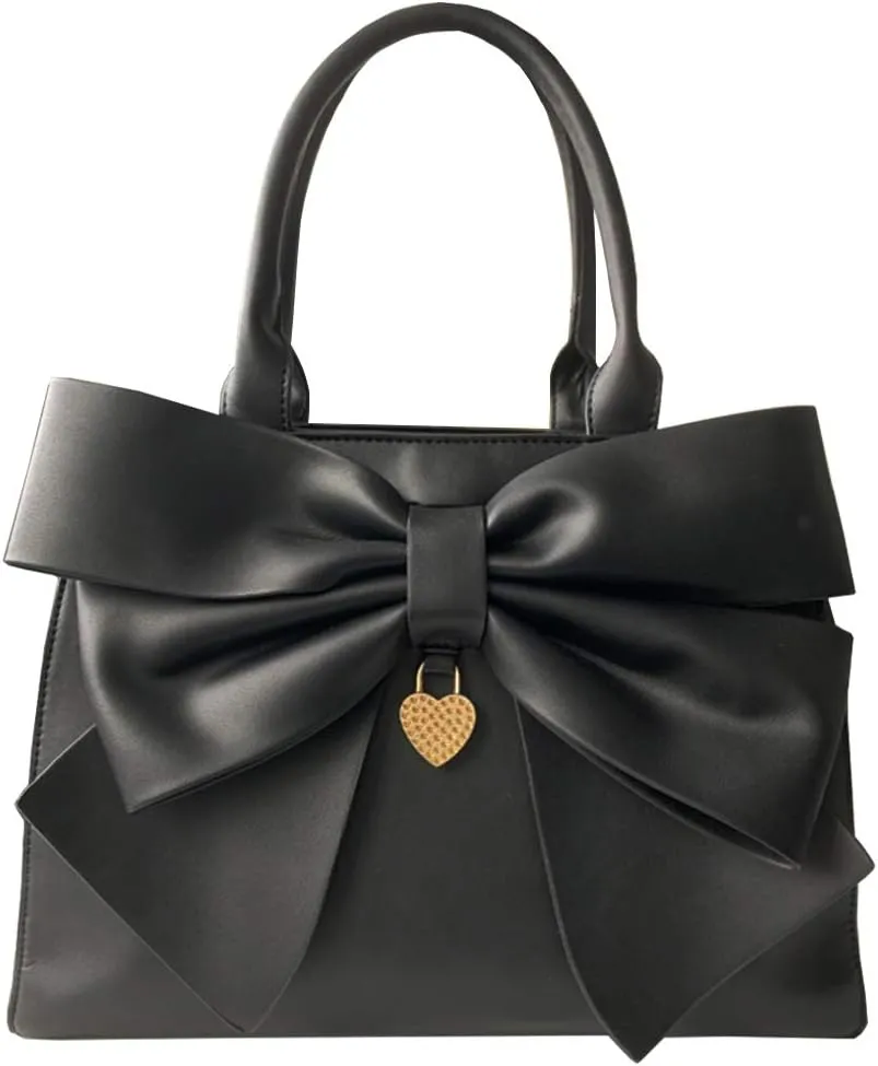 Women 2Pcs Handbag Set Bow-Knot Satchel Top-handle Crossbody Bag Tote Wallet Purse with Heart Pendant Black