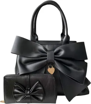 Women 2Pcs Handbag Set Bow-Knot Satchel Top-handle Crossbody Bag Tote Wallet Purse with Heart Pendant Black