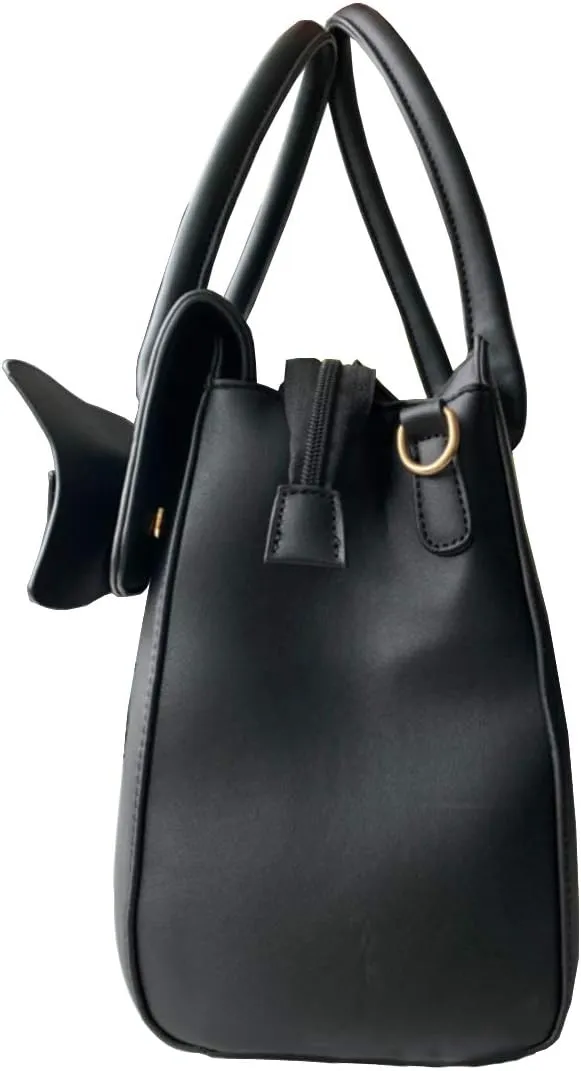 Women 2Pcs Handbag Set Bow-Knot Satchel Top-handle Crossbody Bag Tote Wallet Purse with Heart Pendant Black