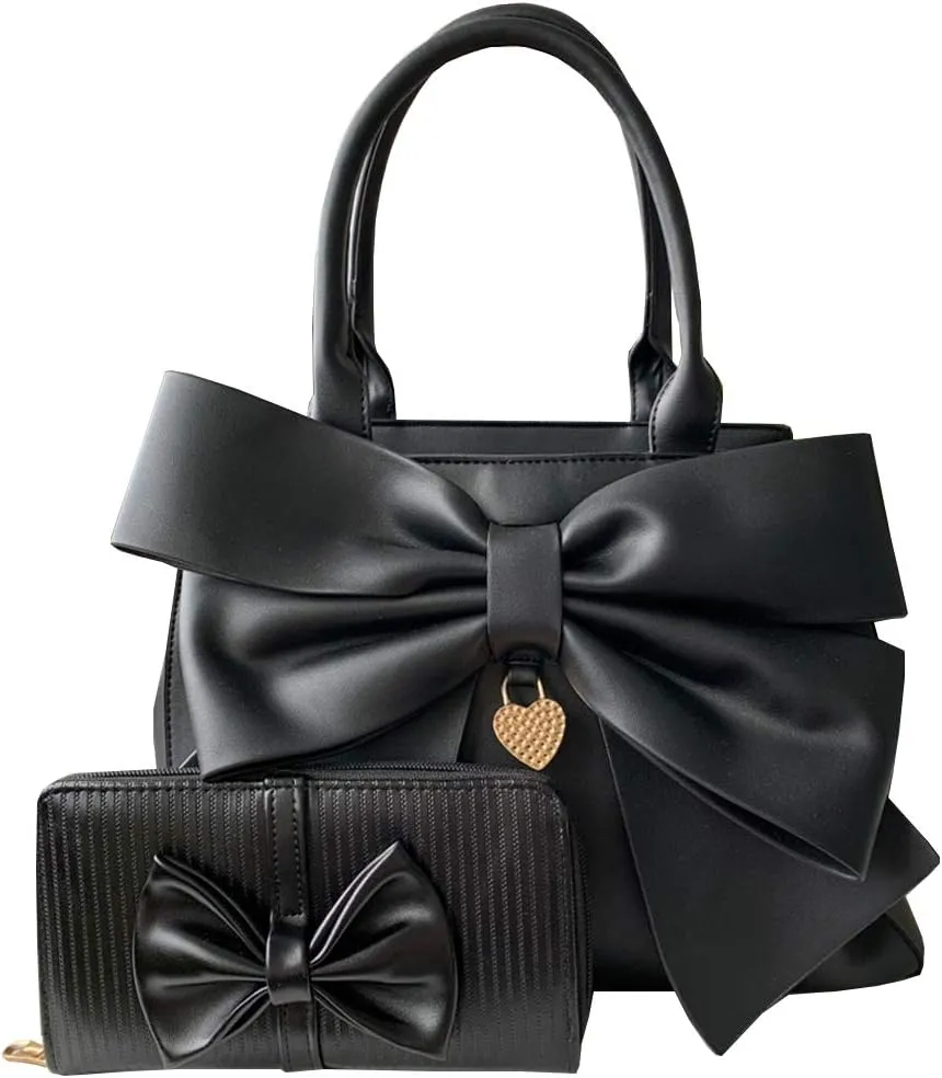 Women 2Pcs Handbag Set Bow-Knot Satchel Top-handle Crossbody Bag Tote Wallet Purse with Heart Pendant Black