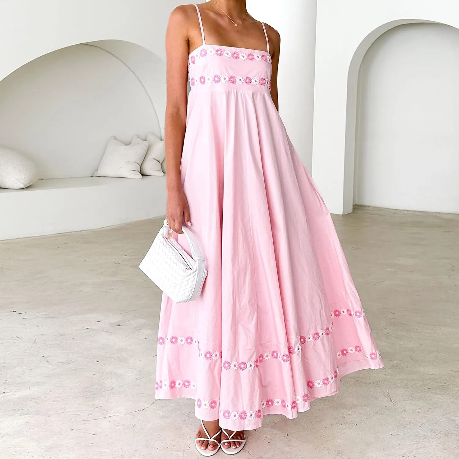 Women Boho Floral Sleeveless Smocked Maxi Dress Square Neck Spaghetti Strap Flowy Swing A Line Sundress
