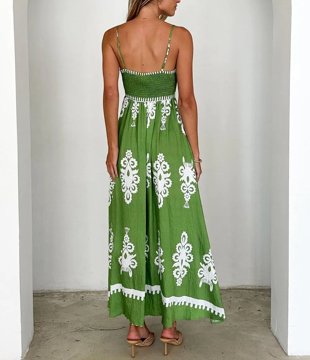 Women Boho Floral Sleeveless Smocked Maxi Dress Square Neck Spaghetti Strap Flowy Swing A Line Sundress