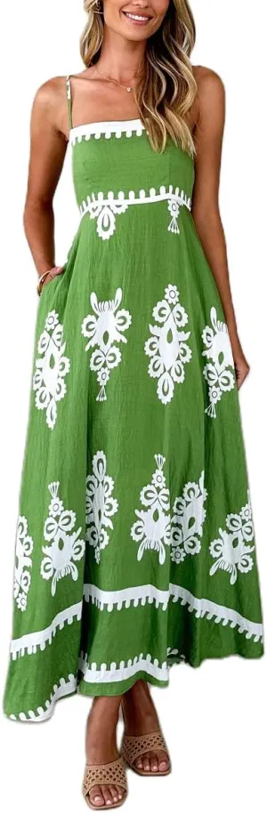 Women Boho Floral Sleeveless Smocked Maxi Dress Square Neck Spaghetti Strap Flowy Swing A Line Sundress