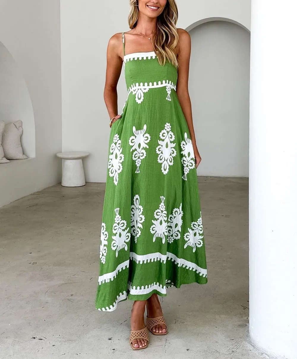 Women Boho Floral Sleeveless Smocked Maxi Dress Square Neck Spaghetti Strap Flowy Swing A Line Sundress