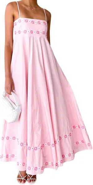 Women Boho Floral Sleeveless Smocked Maxi Dress Square Neck Spaghetti Strap Flowy Swing A Line Sundress