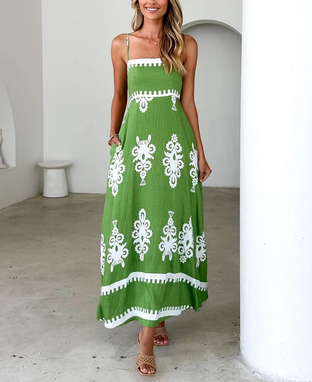 Women Boho Floral Sleeveless Smocked Maxi Dress Square Neck Spaghetti Strap Flowy Swing A Line Sundress