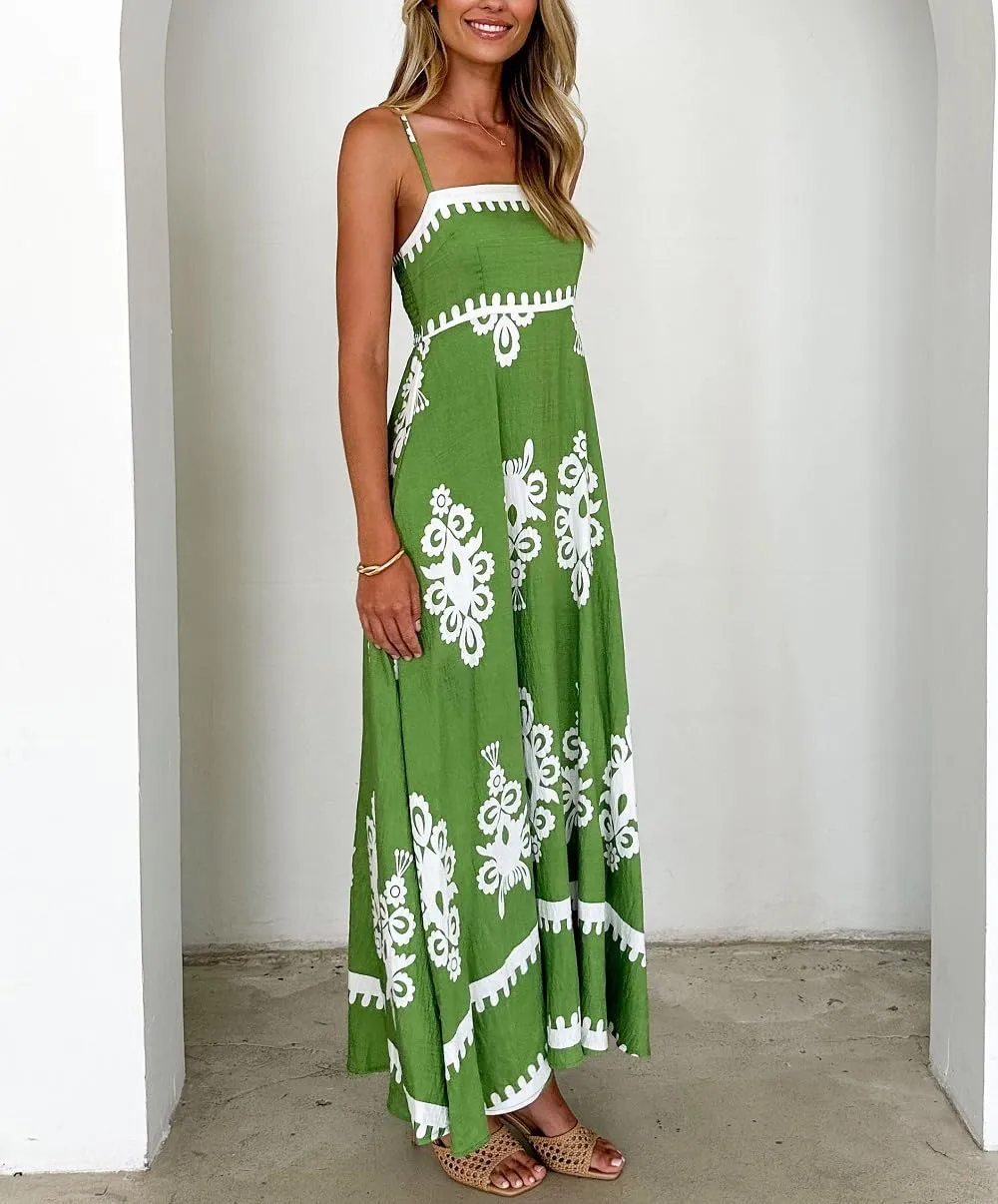 Women Boho Floral Sleeveless Smocked Maxi Dress Square Neck Spaghetti Strap Flowy Swing A Line Sundress