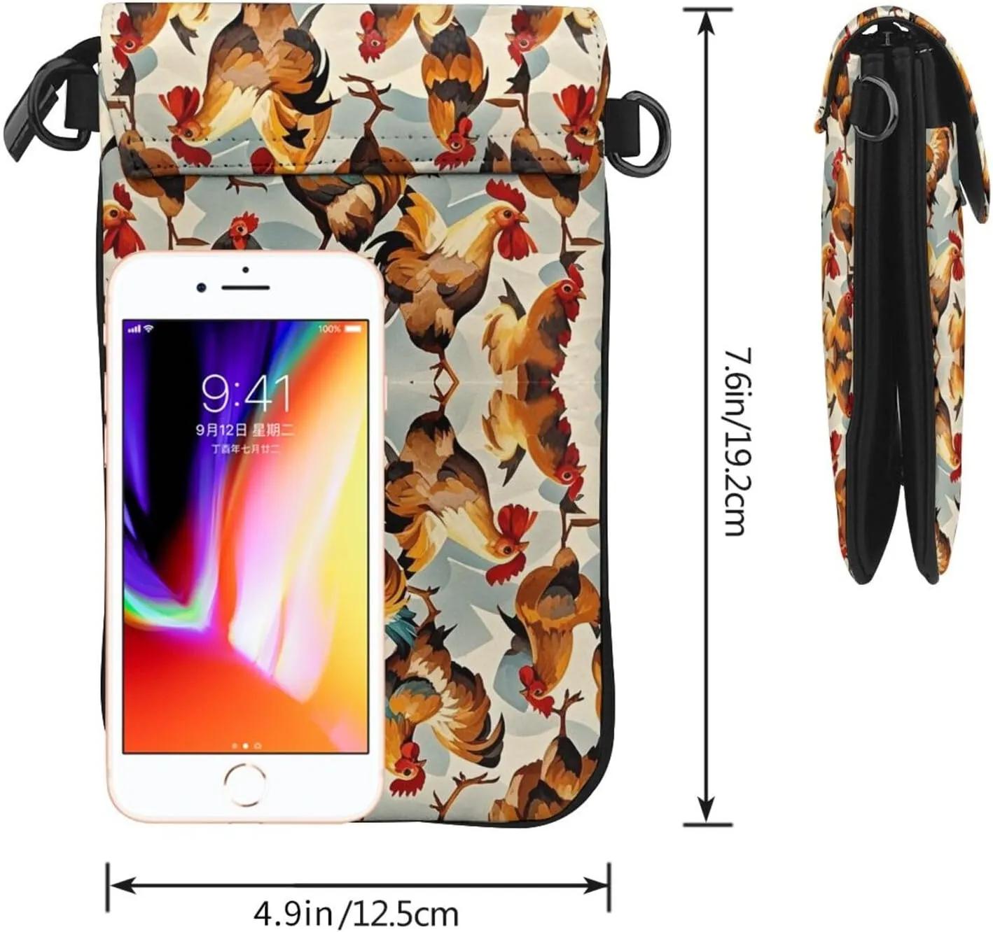 Women Ladies Girls Roomy Pockets Phone Neck Travel Wallet Handbag Credit Card Clutch Bag, Water Resistant, Excersise Golf Bag - Rooster Chicken Breeds Art