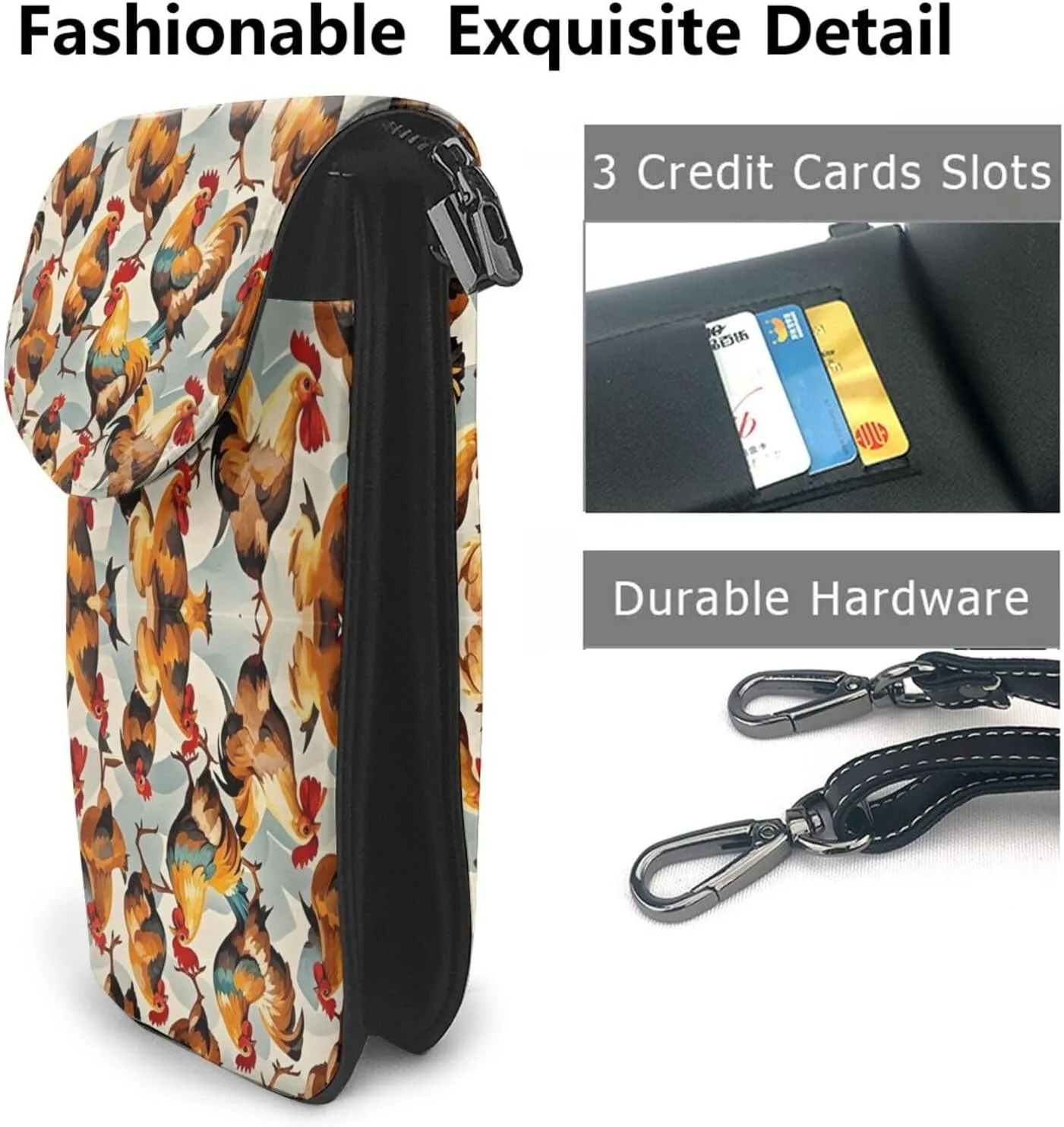 Women Ladies Girls Roomy Pockets Phone Neck Travel Wallet Handbag Credit Card Clutch Bag, Water Resistant, Excersise Golf Bag - Rooster Chicken Breeds Art