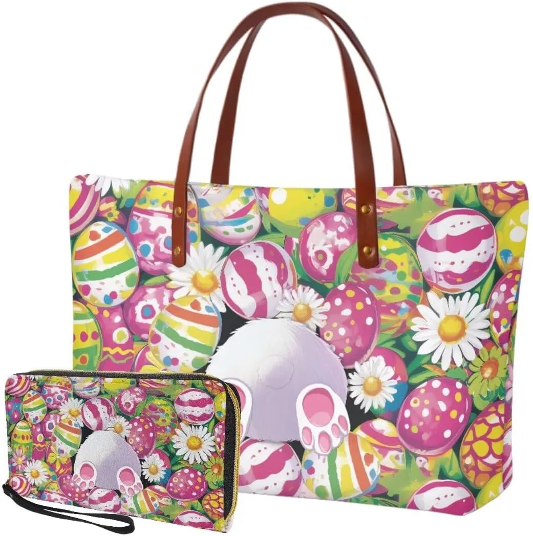 Women Ladies Handbags Wallet,Casual Top Handle Tote Bag with Wristlet Wallet,Easter Satchel Purse with Zipper