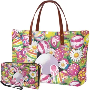 Women Ladies Handbags Wallet,Casual Top Handle Tote Bag with Wristlet Wallet,Easter Satchel Purse with Zipper