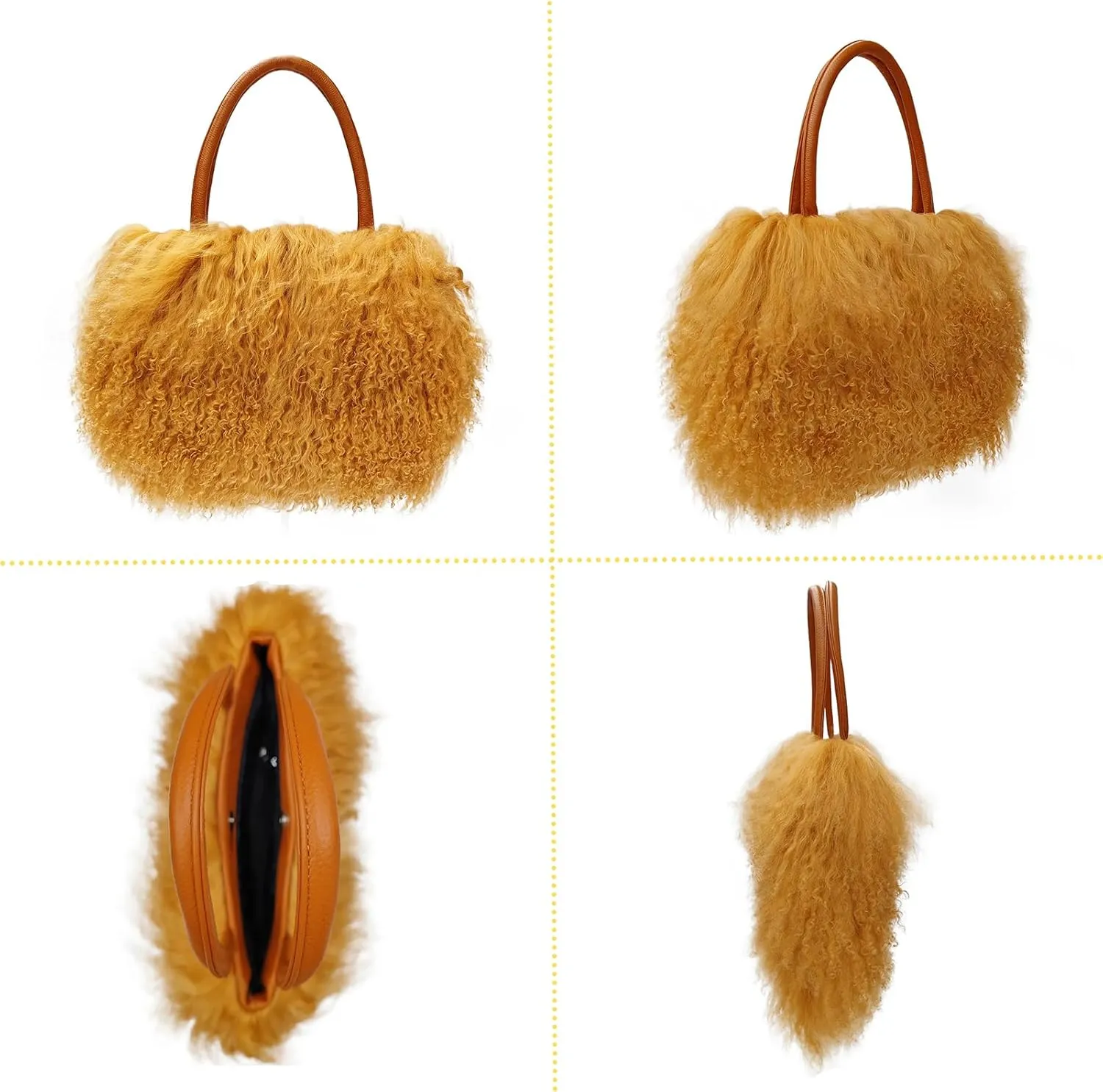 Women Luxury Real Lamb Mongolian Flush Wool Fur With Genuine Leather Handles Handbag