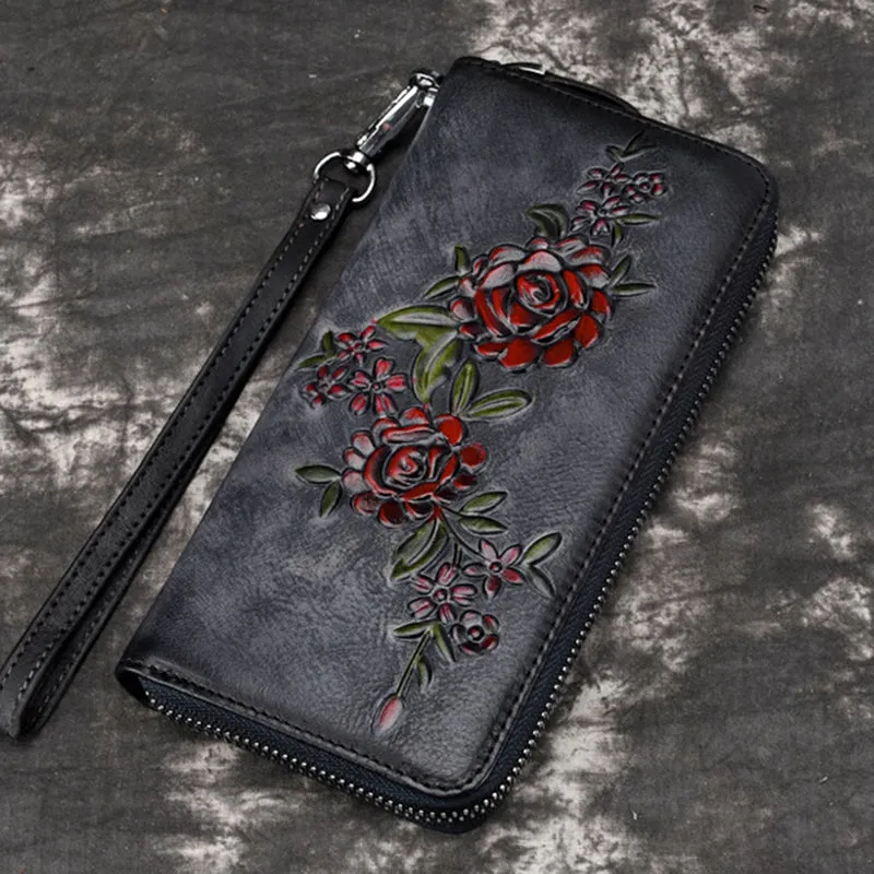 Women Natural Skin Long Wallet Money Handy Bag ID Card Holder Embossed Floral Genuine Leather Zipper Clutch Wrist Bags Purse