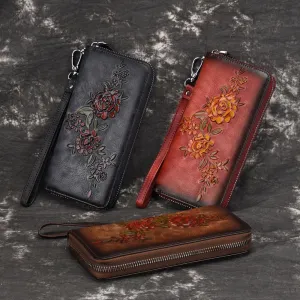 Women Natural Skin Long Wallet Money Handy Bag ID Card Holder Embossed Floral Genuine Leather Zipper Clutch Wrist Bags Purse
