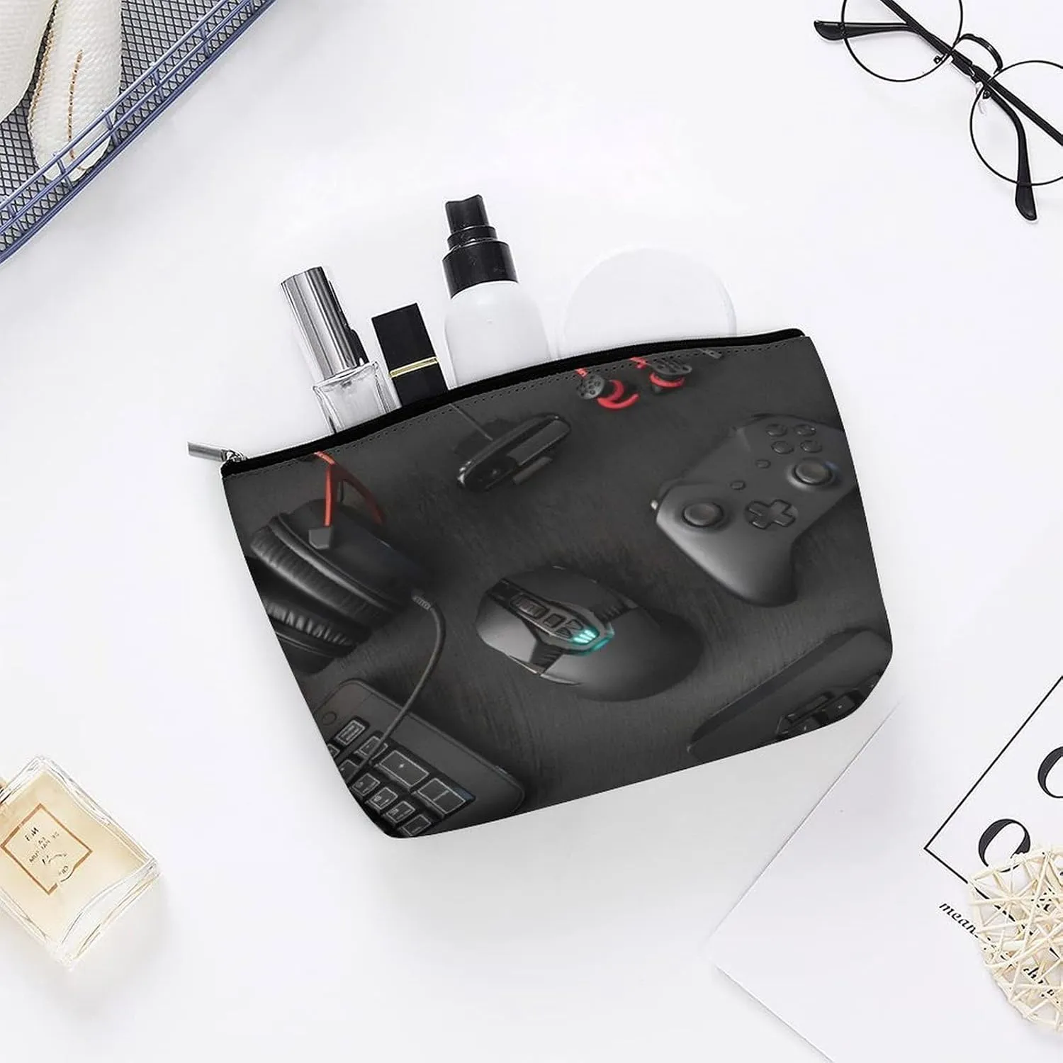 Women PU Leather Cosmetic Bag, Toiletry Storage 6.8x5.9x2.3 in Zipper Pouch Handbag Makeup Case Purse Holder Organizer