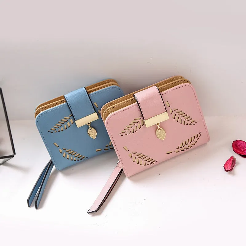 Women Wallet Fashion Purse Female Short Wallets Hollow Leave Pouch Handbag For Women Coin PU Leather Purses Card Holder Carteira