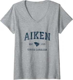 Womens Aiken South Carolina SC Vintage Sports Design Navy Print V-Neck T-Shirt