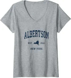 Womens Albertson New York NY Vintage Athletic Navy Sports Design V-Neck T-Shirt