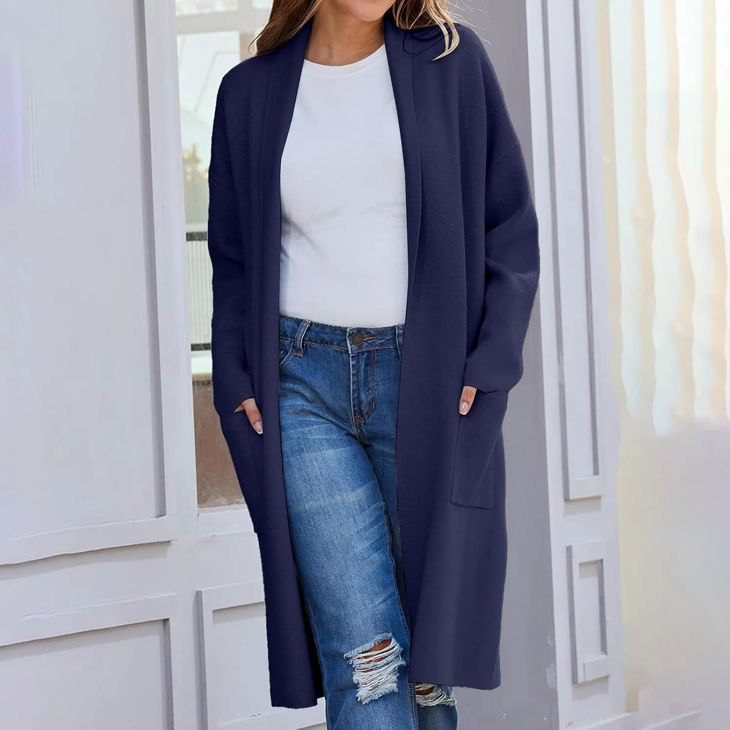 Women's Autumn and Winter Solid Color Fashionable Thin Lapel Long Woolen Coat Casual August Silk Women S Sweaters