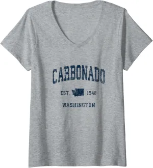 Womens Carbonado Washington WA Vintage Athletic Navy Sports Design V-Neck T-Shirt