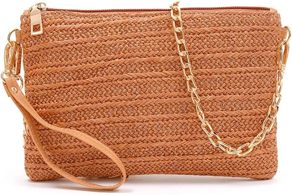 Womens Casual Straw Purses Woven Shoulder Crossbody Bag Small Handbags Tote Bag Wallet Summer Beach Bag with Chain
