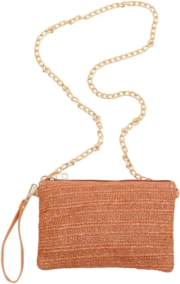 Womens Casual Straw Purses Woven Shoulder Crossbody Bag Small Handbags Tote Bag Wallet Summer Beach Bag with Chain