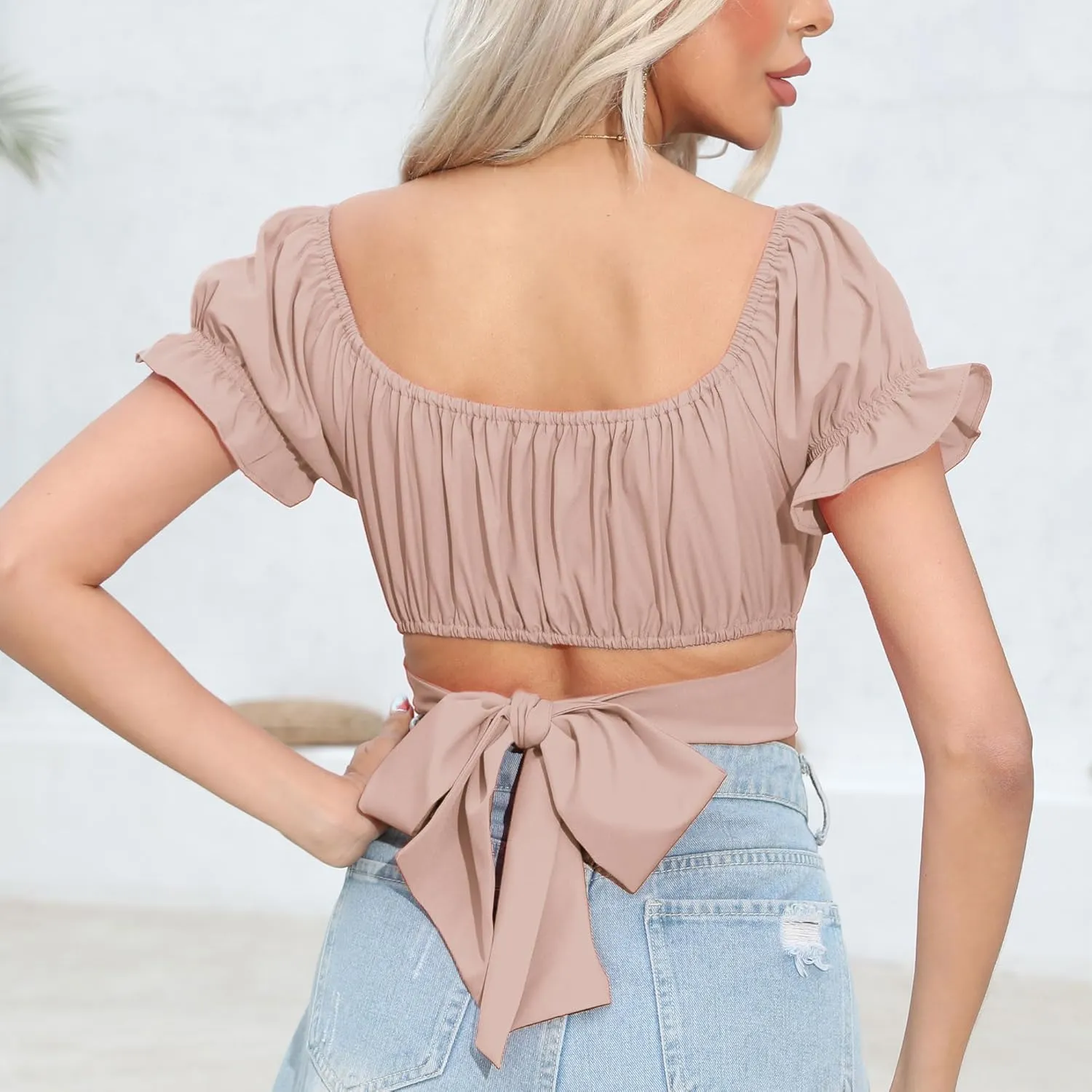 Women's Crop Tops Ruffle Short Sleeve Tie Back Summer Off Shoulder Top Blouse