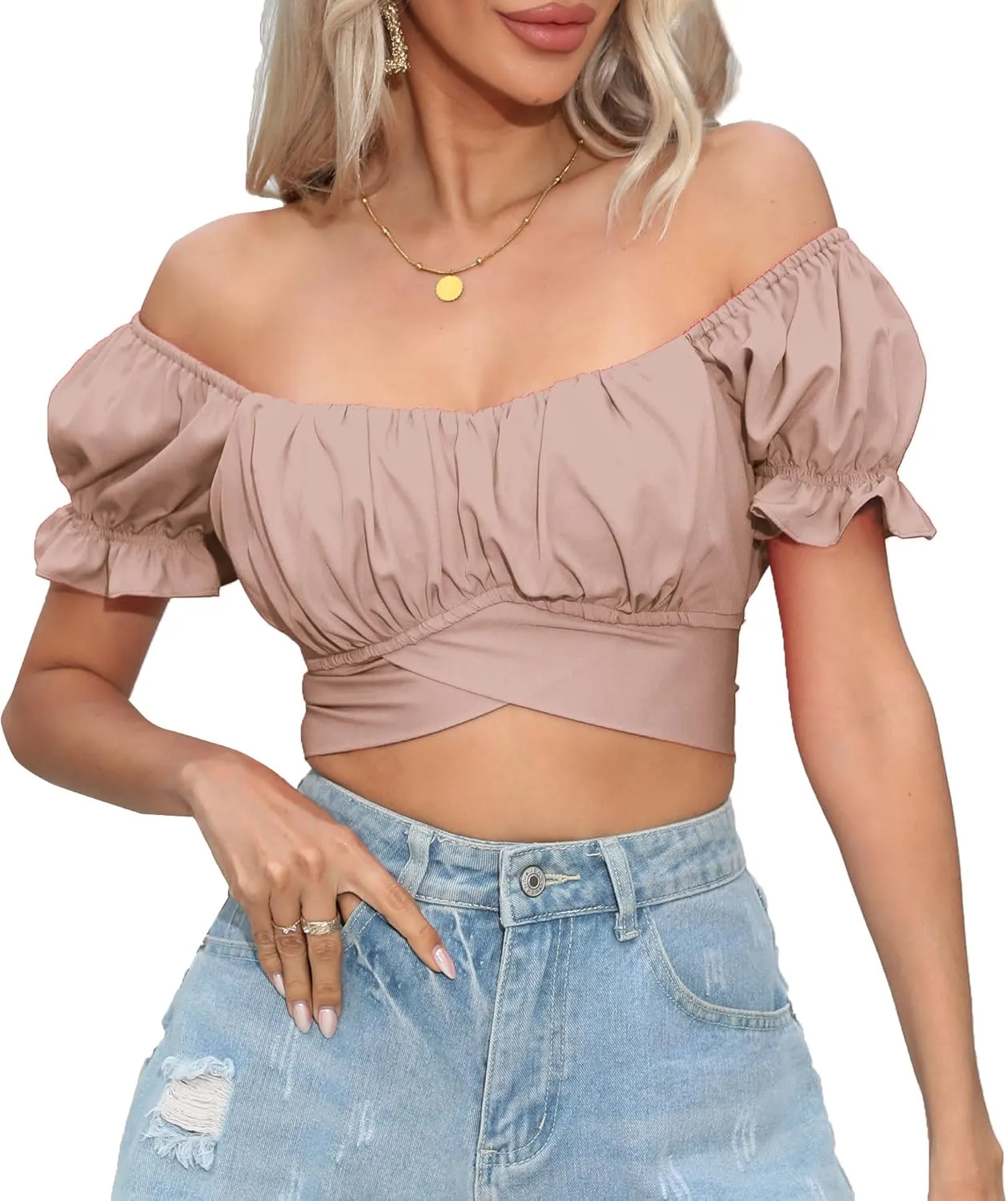 Women's Crop Tops Ruffle Short Sleeve Tie Back Summer Off Shoulder Top Blouse